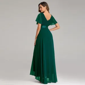 Elegant Double V-Neck Flared Sleeve Maxi Dress - Elastic Chiffon Bridesmaid Plus Size Evening Gown Green
