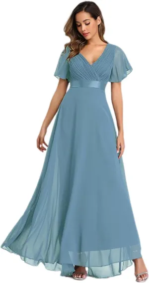 Elegant Double V-Neck Flared Sleeve Maxi Dress - Elastic Chiffon Bridesmaid Plus Size Evening Gown Lake Blue