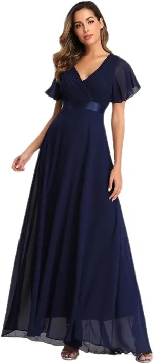 Elegant Double V-Neck Flared Sleeve Maxi Dress - Elastic Chiffon Bridesmaid Plus Size Evening Gown Navy Blue