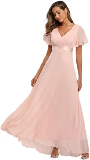 Elegant Double V-Neck Flared Sleeve Maxi Dress - Elastic Chiffon Bridesmaid Plus Size Evening Gown Pink