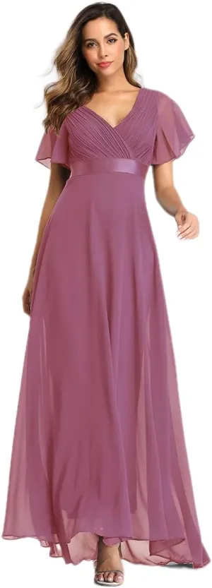 Elegant Double V-Neck Flared Sleeve Maxi Dress - Elastic Chiffon Bridesmaid Plus Size Evening Gown