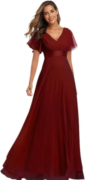 Elegant Double V-Neck Flared Sleeve Maxi Dress - Elastic Chiffon Bridesmaid Plus Size Evening Gown
