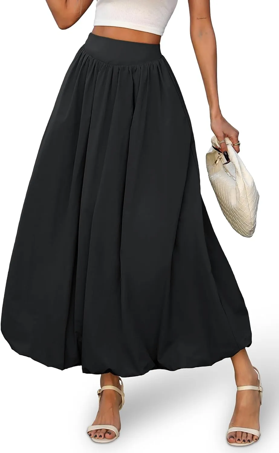 ELLEVEN Women's Bubble Maxi Skirt with PocketsElastic Waist Puffy Hem Y2k Skirt Casual A Line Long Skirts