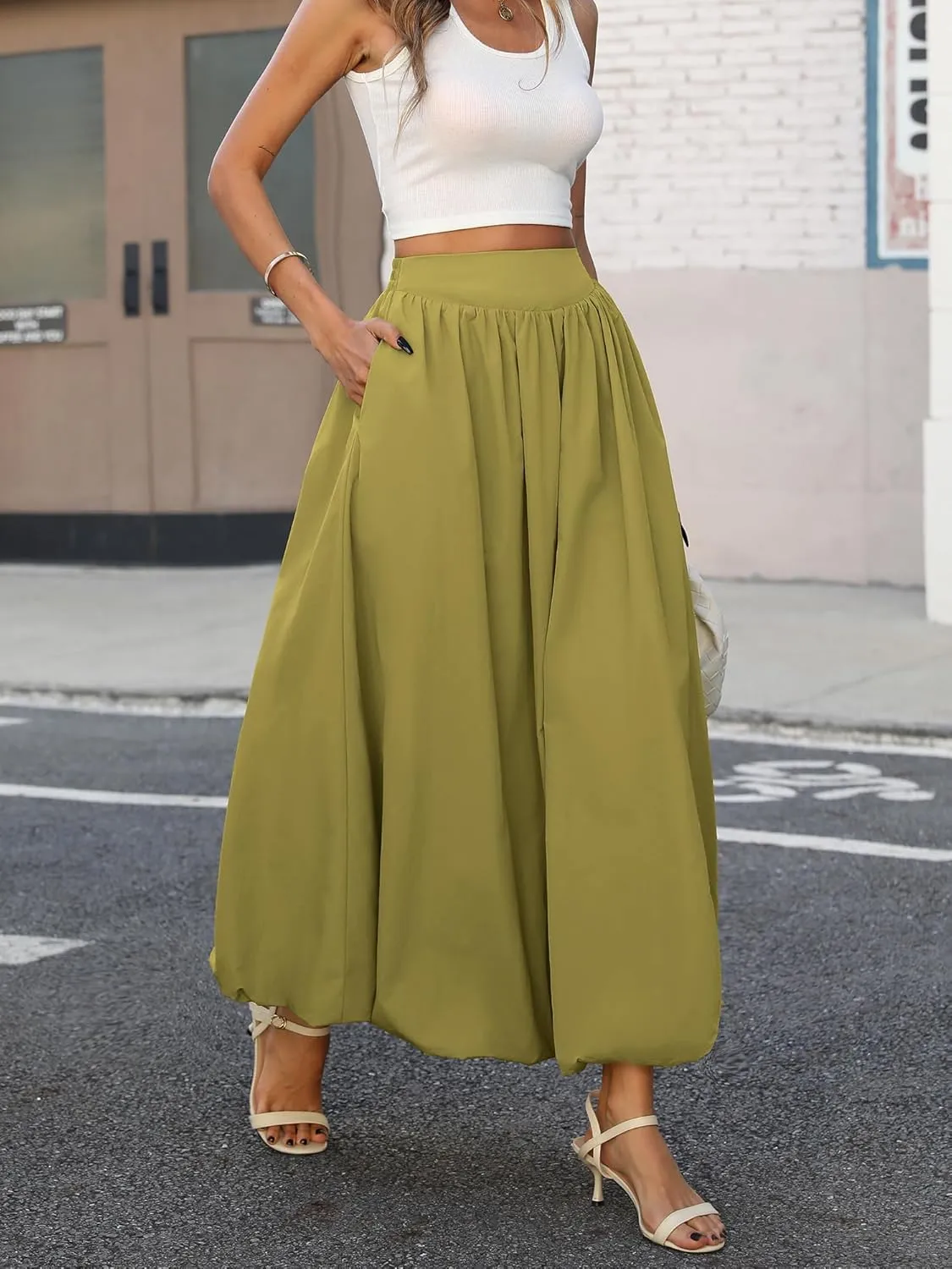 ELLEVEN Women's Bubble Maxi Skirt with PocketsElastic Waist Puffy Hem Y2k Skirt Casual A Line Long Skirts