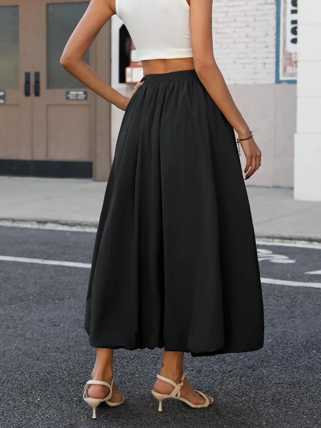 ELLEVEN Women's Bubble Maxi Skirt with PocketsElastic Waist Puffy Hem Y2k Skirt Casual A Line Long Skirts