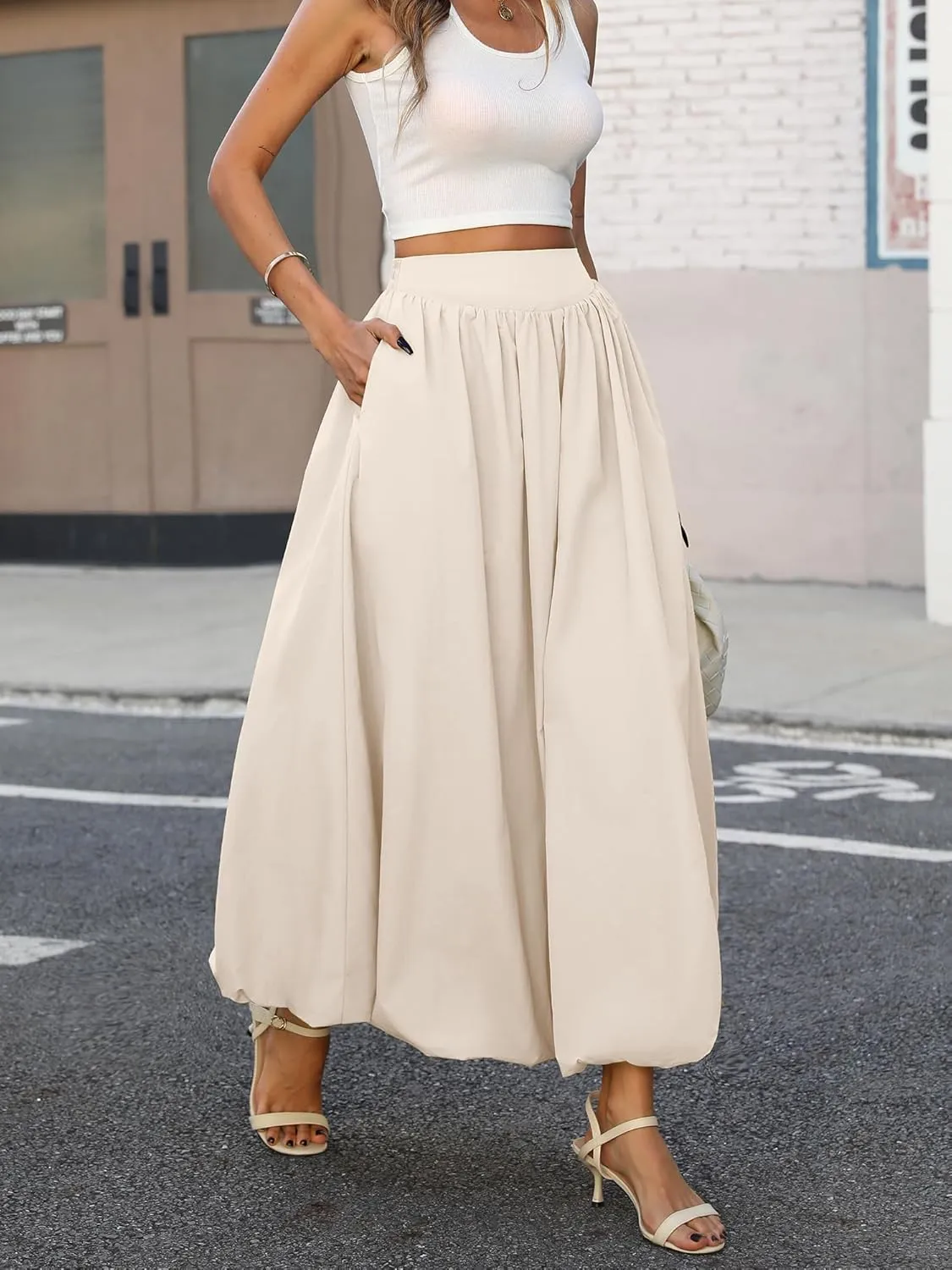 ELLEVEN Women's Bubble Maxi Skirt with PocketsElastic Waist Puffy Hem Y2k Skirt Casual A Line Long Skirts