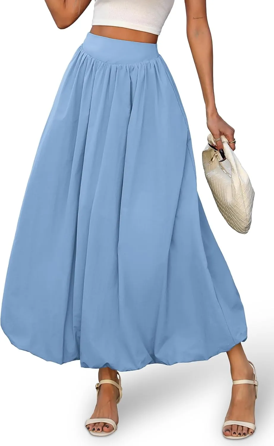 ELLEVEN Women's Bubble Maxi Skirt with PocketsElastic Waist Puffy Hem Y2k Skirt Casual A Line Long Skirts