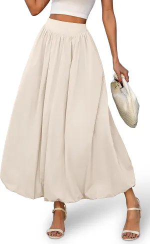 ELLEVEN Women's Bubble Maxi Skirt with PocketsElastic Waist Puffy Hem Y2k Skirt Casual A Line Long Skirts
