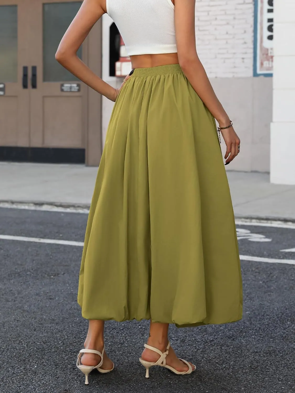ELLEVEN Women's Bubble Maxi Skirt with PocketsElastic Waist Puffy Hem Y2k Skirt Casual A Line Long Skirts