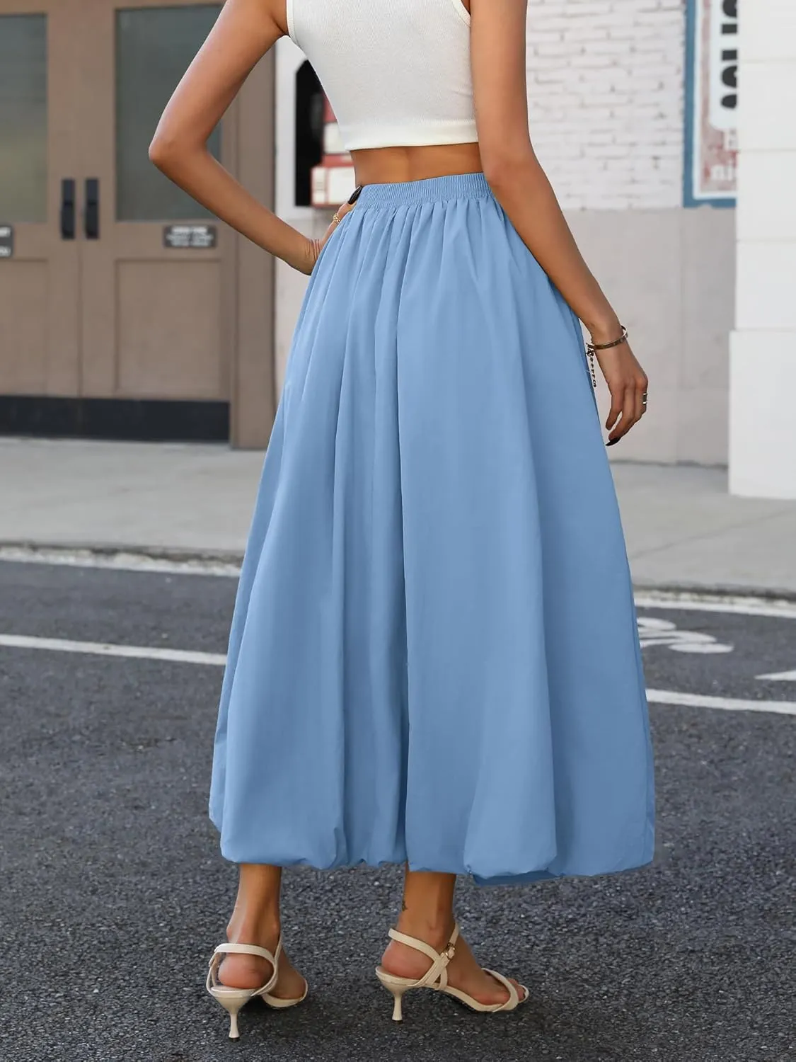 ELLEVEN Women's Bubble Maxi Skirt with PocketsElastic Waist Puffy Hem Y2k Skirt Casual A Line Long Skirts
