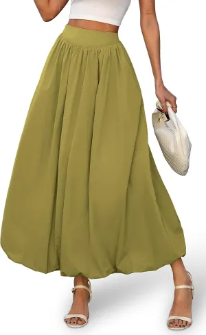 ELLEVEN Women's Bubble Maxi Skirt with PocketsElastic Waist Puffy Hem Y2k Skirt Casual A Line Long Skirts