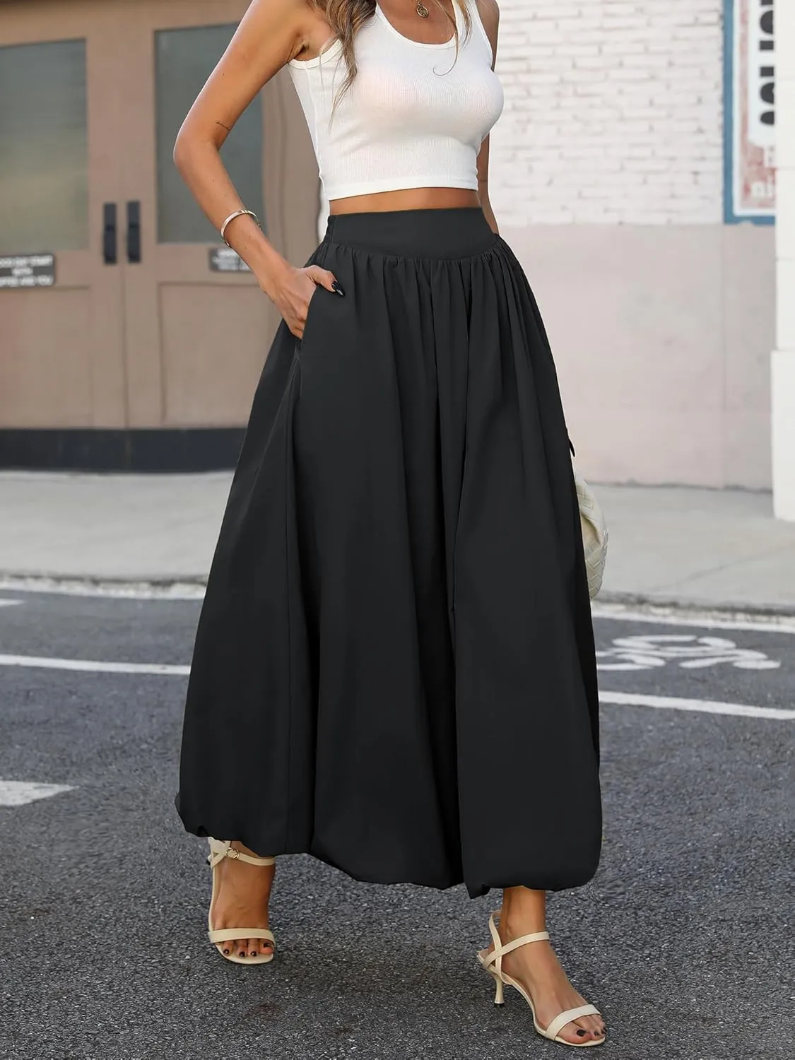 ELLEVEN Women's Bubble Maxi Skirt with PocketsElastic Waist Puffy Hem Y2k Skirt Casual A Line Long Skirts