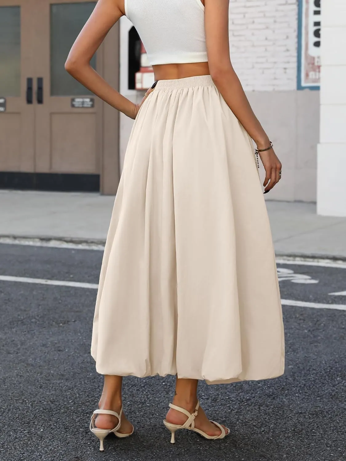 ELLEVEN Women's Bubble Maxi Skirt with PocketsElastic Waist Puffy Hem Y2k Skirt Casual A Line Long Skirts