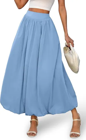ELLEVEN Women's Bubble Maxi Skirt with PocketsElastic Waist Puffy Hem Y2k Skirt Casual A Line Long Skirts