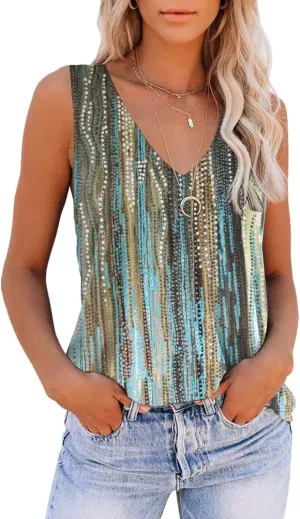 ETCYY NEW Womens Summer Tops V Neck Tank Tops Tie Dye Sleeveless Basic T Shirt Cute Printed Loose Fit