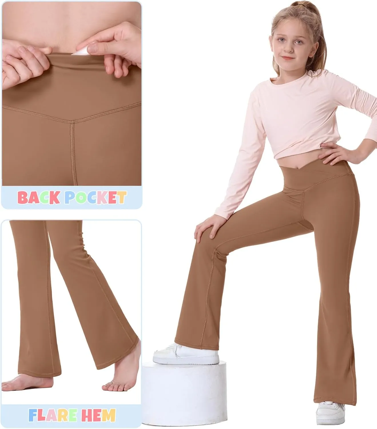 Ewedoos Girls Flare Leggings Crossover with Pocket Preppy Clothes Leggings for Girls Yoga Pants Dance Casual Uniform