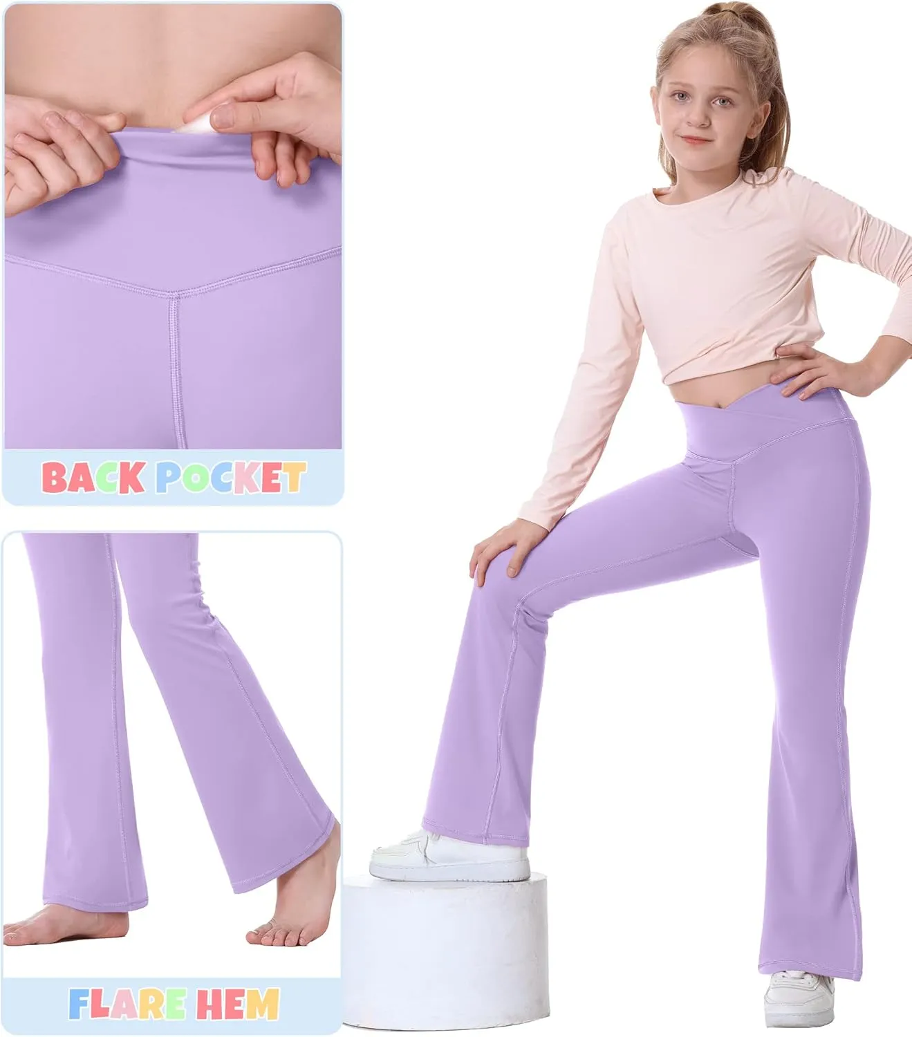 Ewedoos Girls Flare Leggings Crossover with Pocket Preppy Clothes Leggings for Girls Yoga Pants Dance Casual Uniform