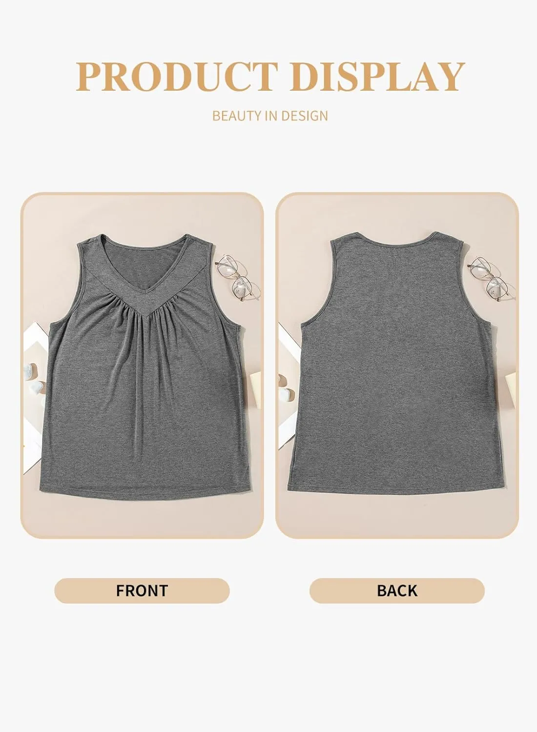 Eytino Plus Size Tank Tops for Women Summer V Neck Pleated Front Loose Casual Sleeveless Shirts Blouse(1X-5X)