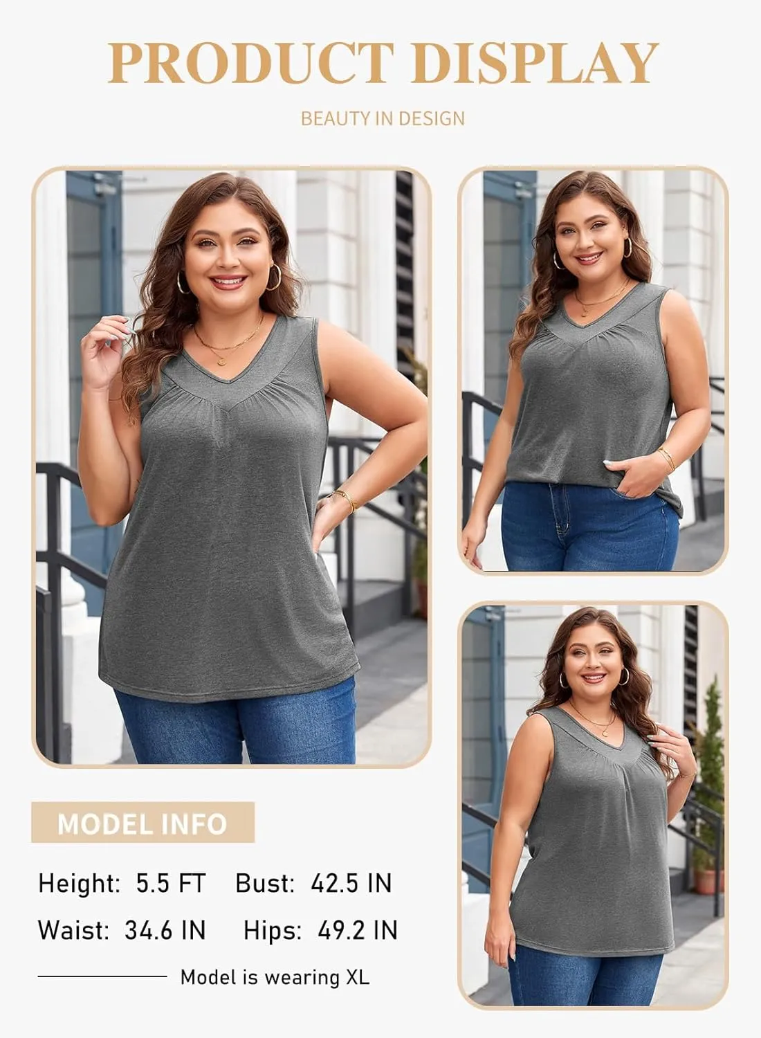 Eytino Plus Size Tank Tops for Women Summer V Neck Pleated Front Loose Casual Sleeveless Shirts Blouse(1X-5X)