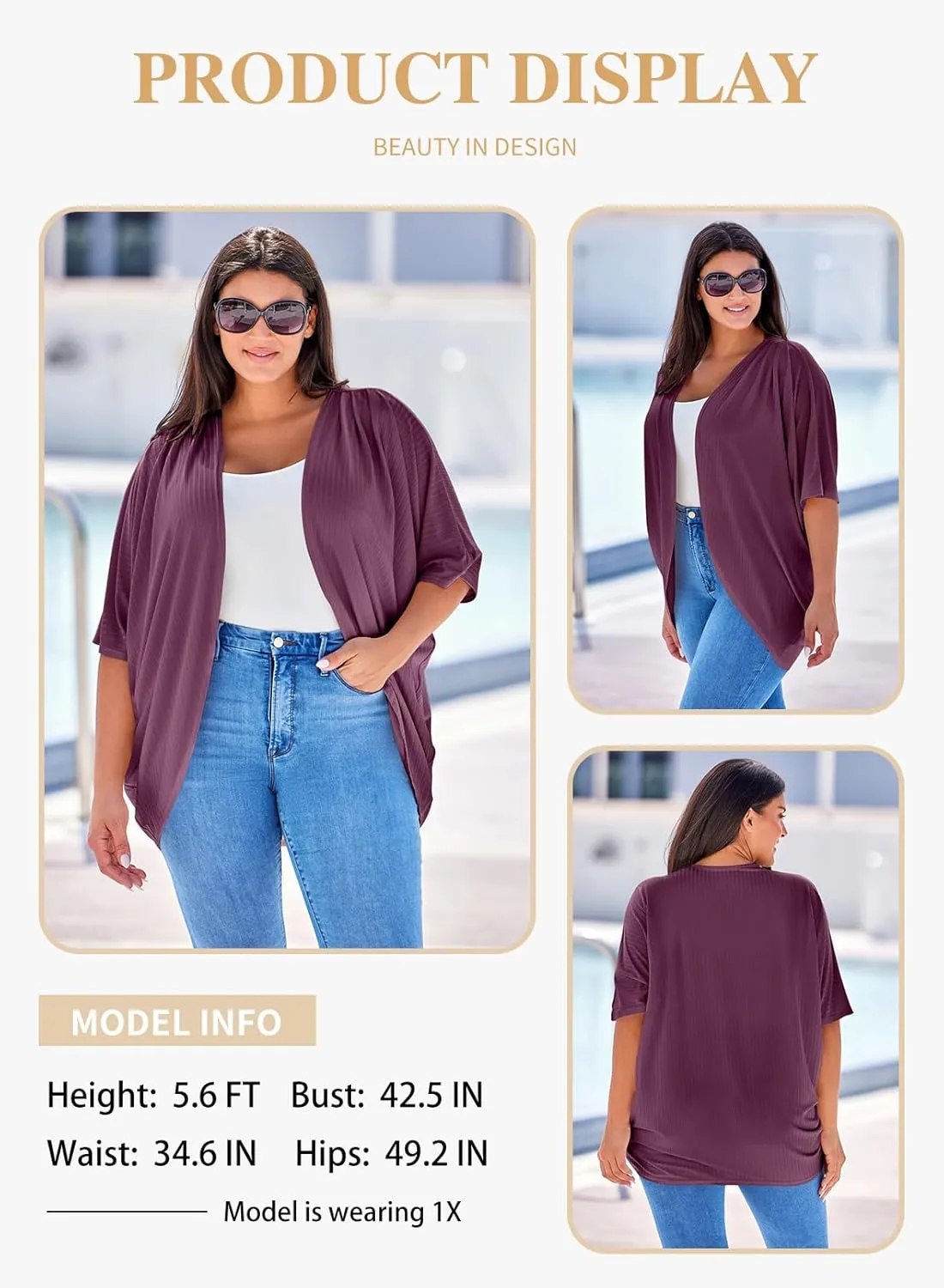 Eytino Womens Plus Size Summer Cardigan Casual Half Sleeve Ruched Open Front Cardigans Tops(1X-5X)