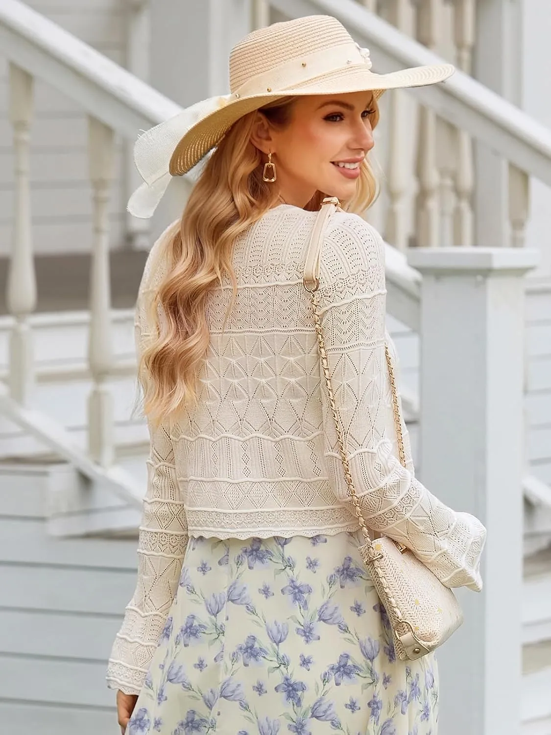 FAIRY SEASON Women's Cropped Cardigan Sweater Bell Long Sleeve Lightweight Crochet Button Down Casual Knit Bolero Shrugs 2025