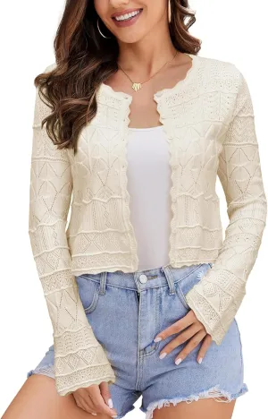 FAIRY SEASON Women's Cropped Cardigan Sweater Bell Long Sleeve Lightweight Crochet Button Down Casual Knit Bolero Shrugs 2025