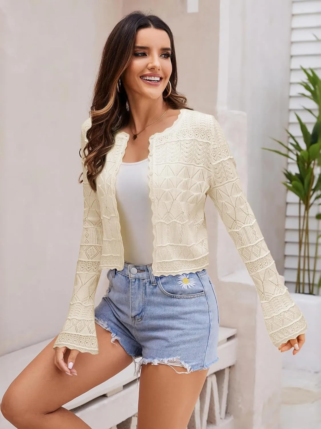 FAIRY SEASON Women's Cropped Cardigan Sweater Bell Long Sleeve Lightweight Crochet Button Down Casual Knit Bolero Shrugs 2025