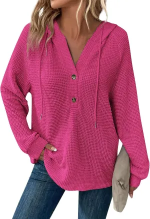 Fall Hoodies for Women Waffle Knit Raglan Long Sleeve Tops V Neck Button Down Shirts Hooded Tunic Pullover Sweaters