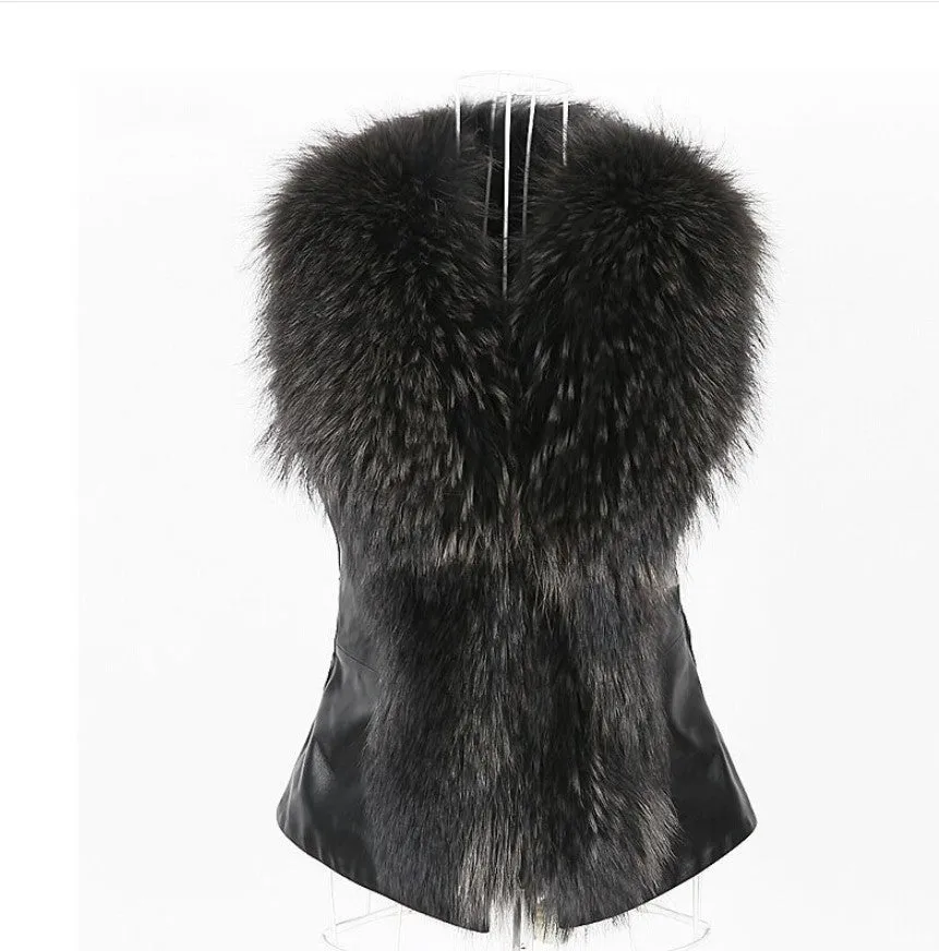 Faux Fur Leather Patchwork Vest  Sleeveless Jacket