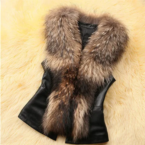 Faux Fur Leather Patchwork Vest  Sleeveless Jacket