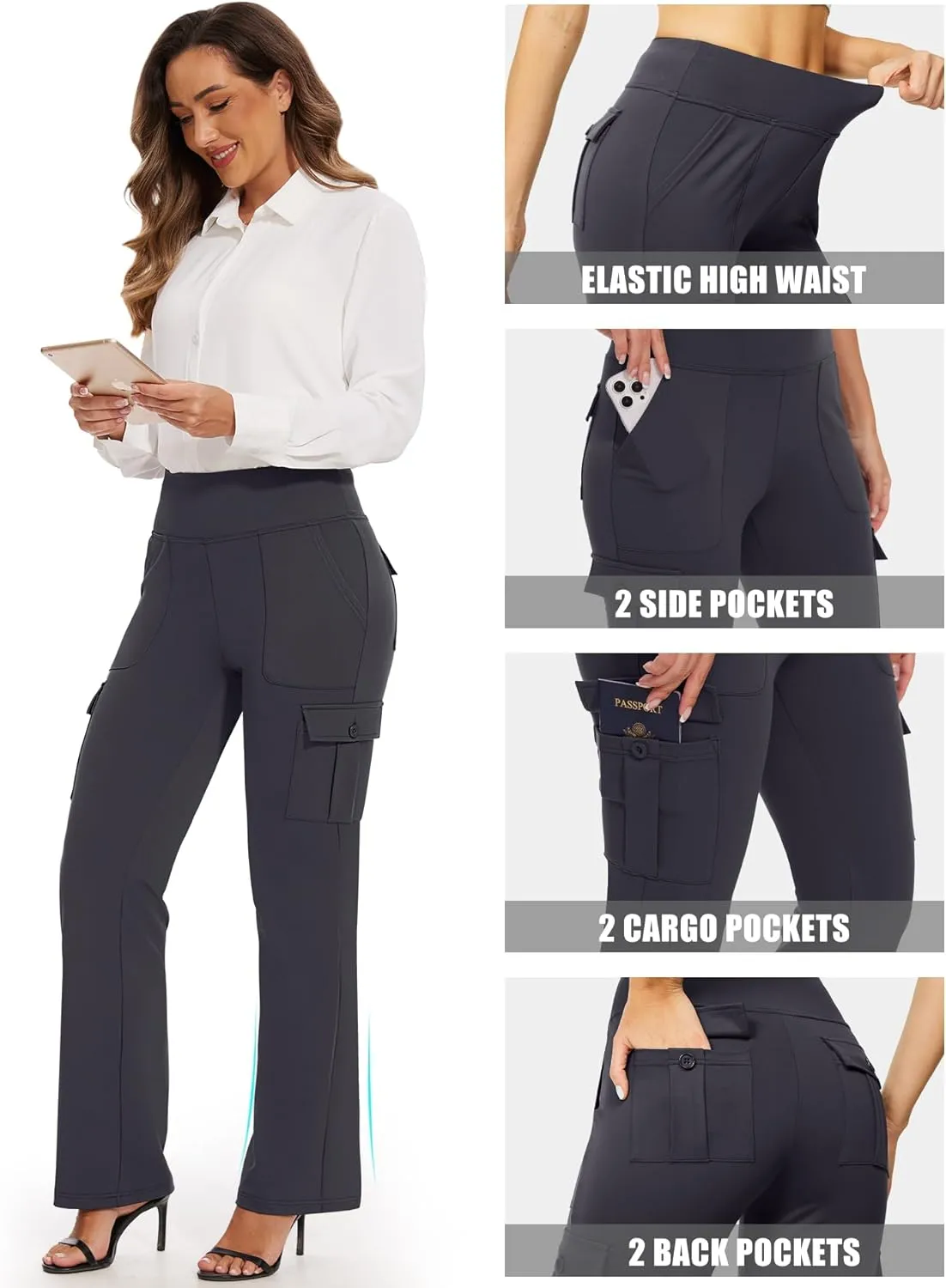 Flare Leggings for Women Yoga Pants with Cargo Pockets High Waist Work Casual Travel Bootcut Leggings