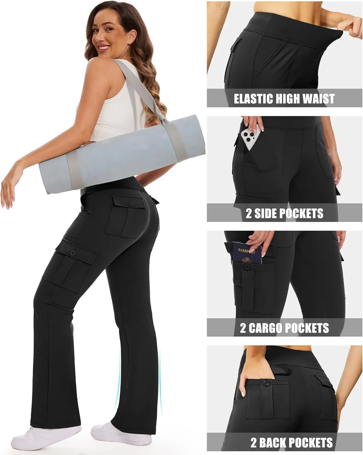 Flare Leggings for Women Yoga Pants with Cargo Pockets High Waist Work Casual Travel Bootcut Leggings