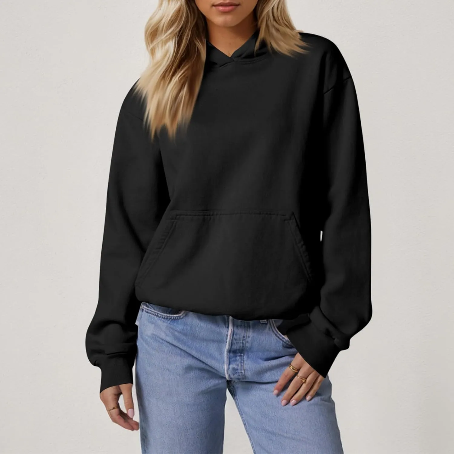 Fleece Hoodie Women Loose Fit Solid Color Oversized Sweaters Long Sleeve Hooded Sweatshirt with Pockets Pullover Tops