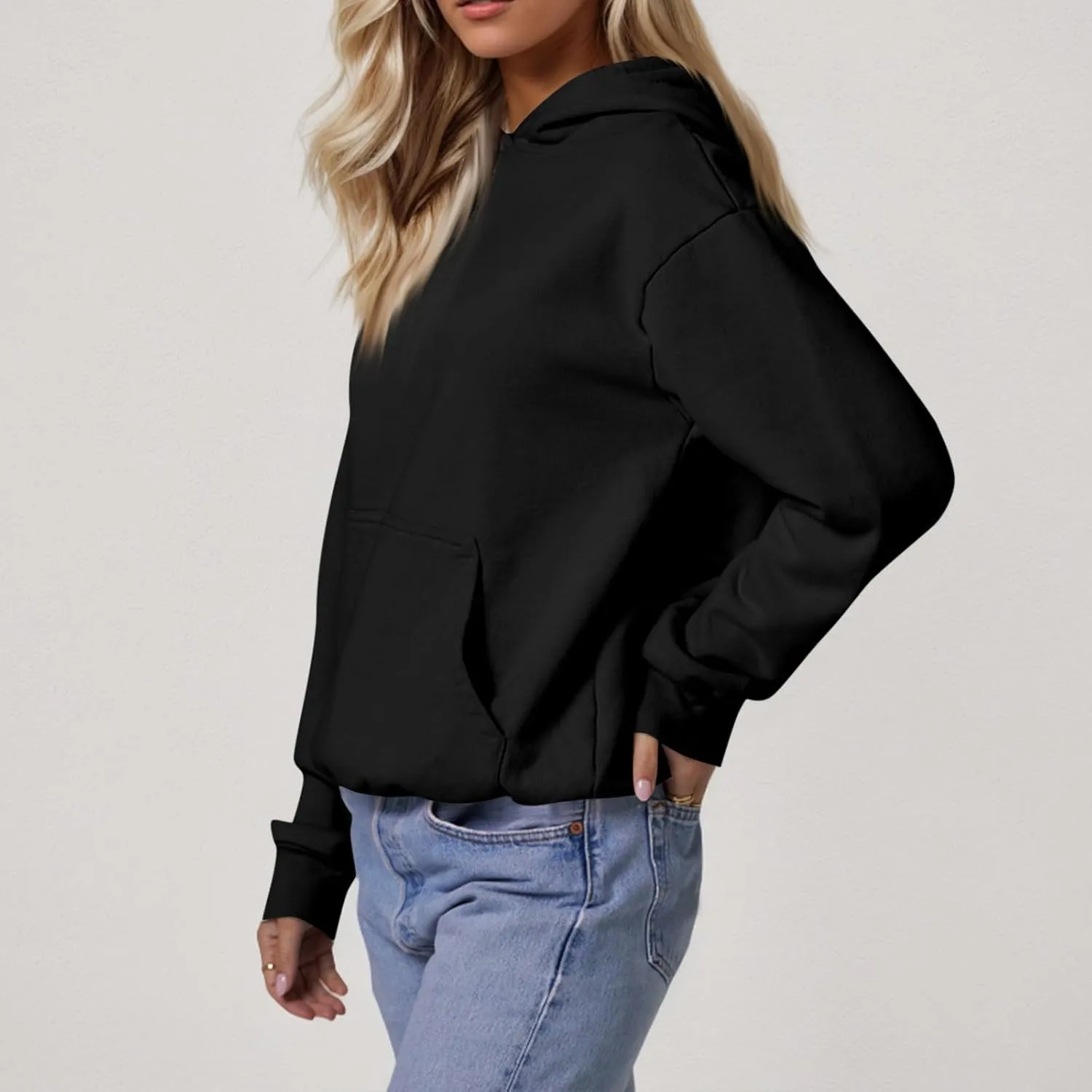 Fleece Hoodie Women Loose Fit Solid Color Oversized Sweaters Long Sleeve Hooded Sweatshirt with Pockets Pullover Tops