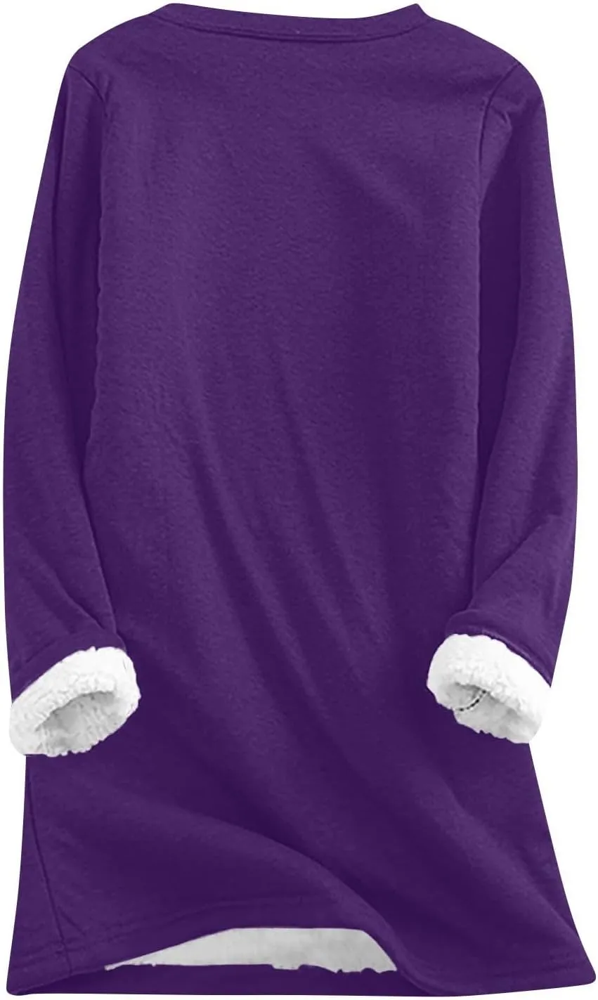 Fleece Sweatshirts for Women Sherpa Lined Casual Loose Funny Sayings Tee Pullover Solid Color Comfy Cute Underwear