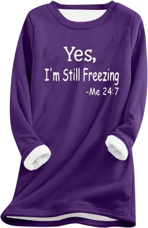 Fleece Sweatshirts for Women Sherpa Lined Casual Loose Funny Sayings Tee Pullover Solid Color Comfy Cute Underwear