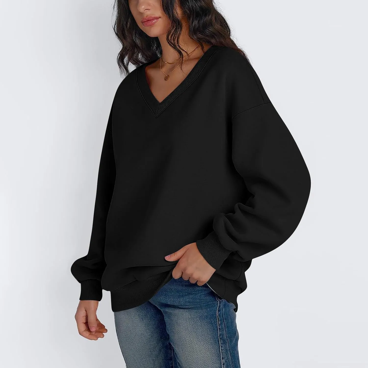 Fleece V Neck Sweatshirt Women Plain Drop Shoulder Oversized Sweatshirts Casual Baggy Comfy Soft Cotton Pullover Tops