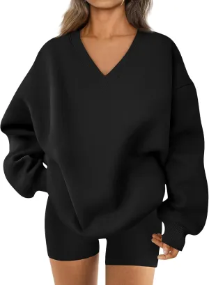 Fleece V Neck Sweatshirt Women Plain Drop Shoulder Oversized Sweatshirts Casual Baggy Comfy Soft Cotton Pullover Tops