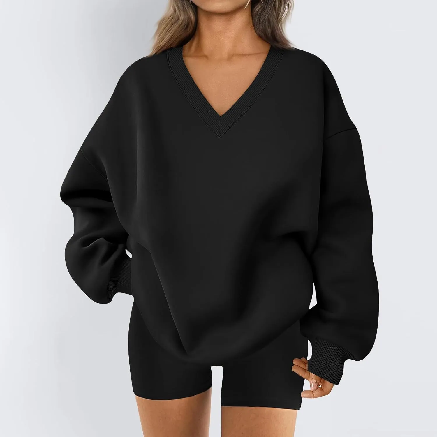 Fleece V Neck Sweatshirt Women Plain Drop Shoulder Oversized Sweatshirts Casual Baggy Comfy Soft Cotton Pullover Tops