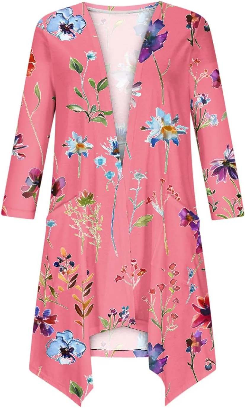 Floral Print Cardigans for Women 3/4 Sleeve Lightweight Cardigan Casual Loose Fit Open Front Drape Drape with Pocket