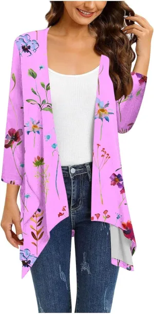 Floral Print Cardigans for Women 3/4 Sleeve Lightweight Cardigan Casual Loose Fit Open Front Drape Drape with Pocket