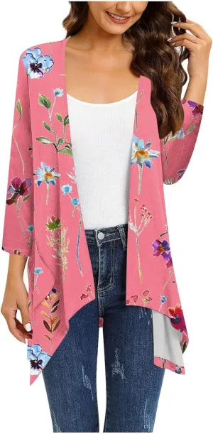 Floral Print Cardigans for Women 3/4 Sleeve Lightweight Cardigan Casual Loose Fit Open Front Drape Drape with Pocket