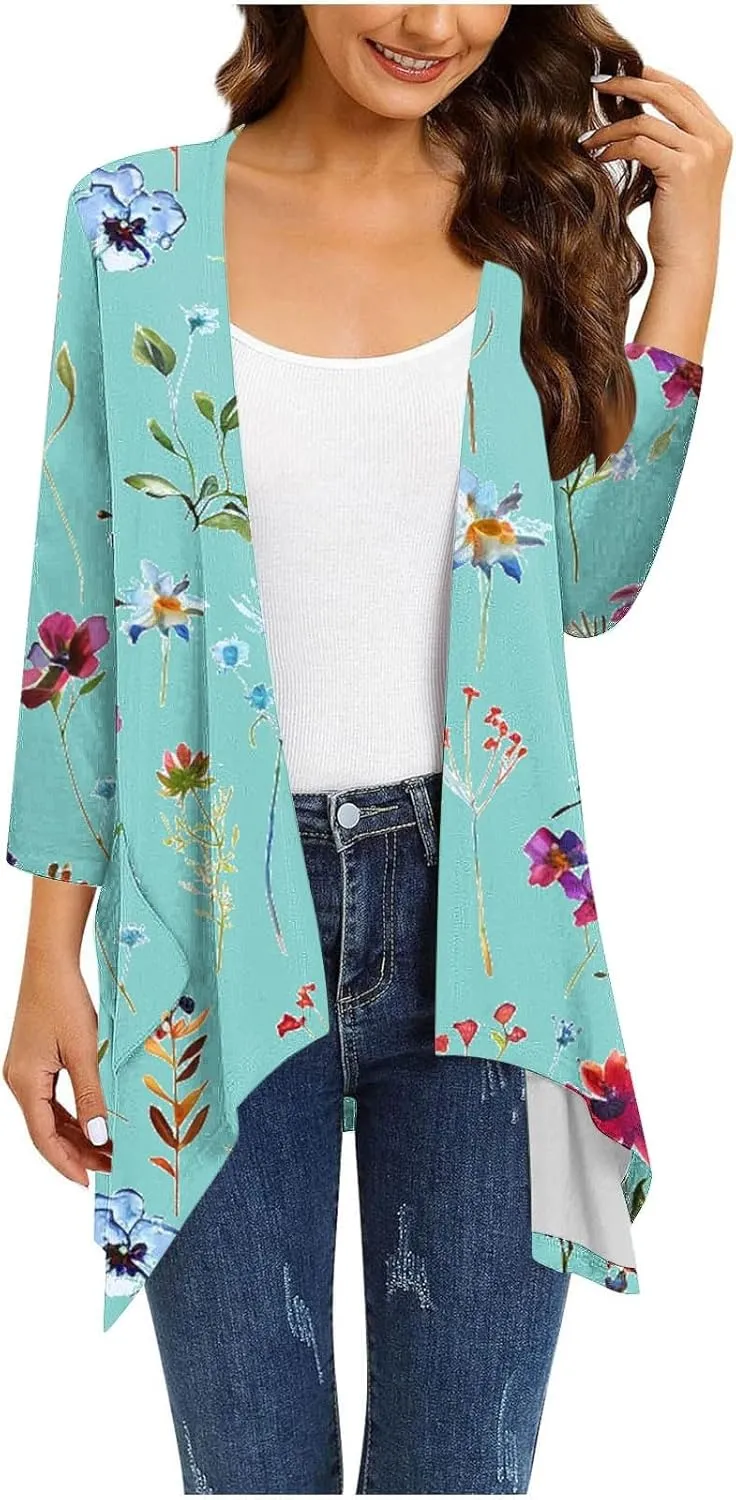 Floral Print Cardigans for Women 3/4 Sleeve Lightweight Cardigan Casual Loose Fit Open Front Drape Drape with Pocket