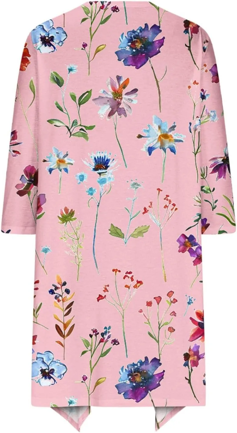 Floral Print Cardigans for Women 3/4 Sleeve Lightweight Cardigan Casual Loose Fit Open Front Drape Drape with Pocket