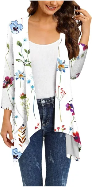 Floral Print Cardigans for Women 3/4 Sleeve Lightweight Cardigan Casual Loose Fit Open Front Drape Drape with Pocket