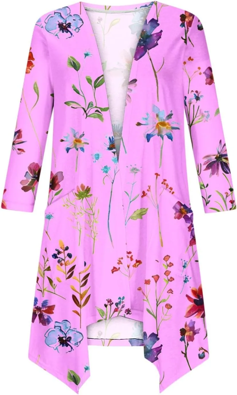 Floral Print Cardigans for Women 3/4 Sleeve Lightweight Cardigan Casual Loose Fit Open Front Drape Drape with Pocket