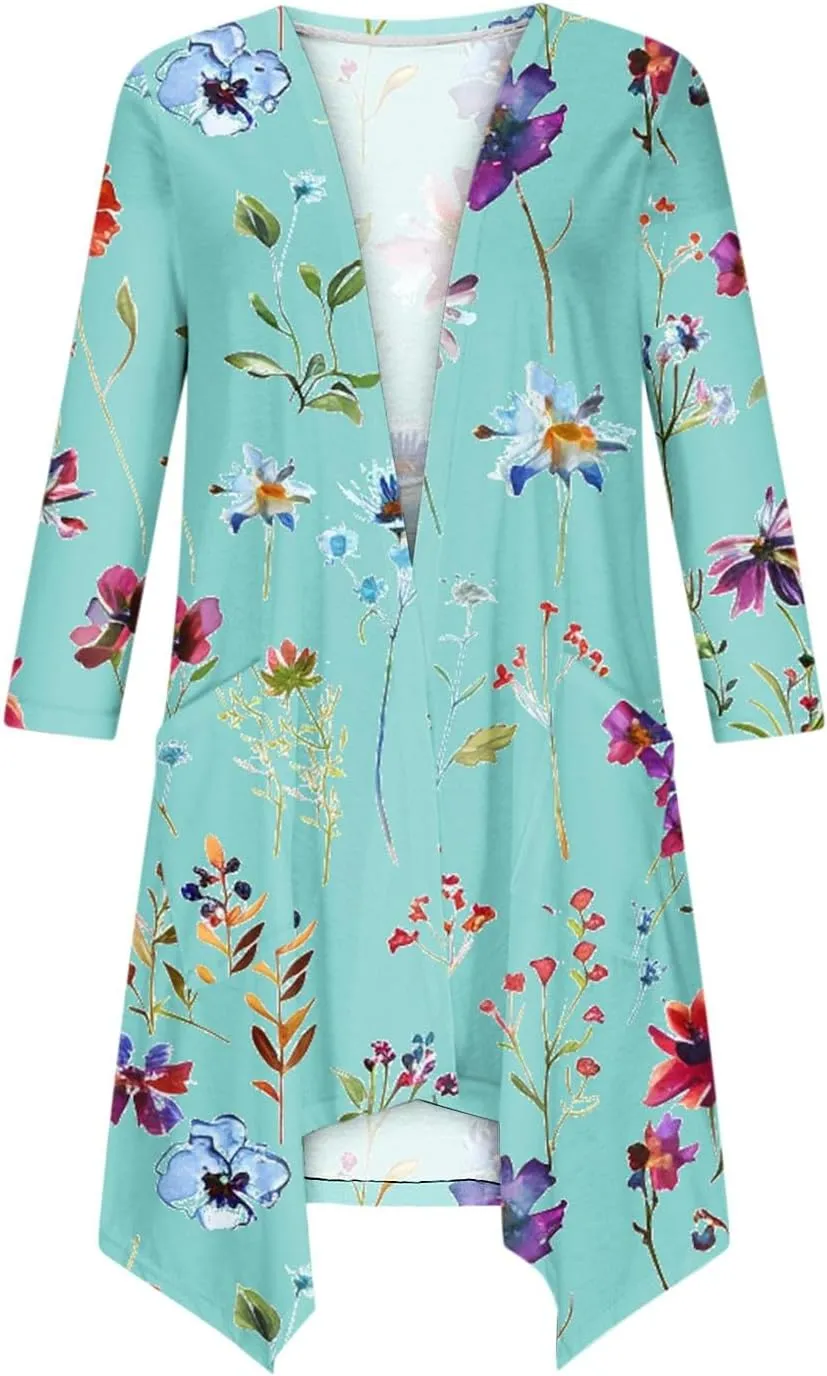 Floral Print Cardigans for Women 3/4 Sleeve Lightweight Cardigan Casual Loose Fit Open Front Drape Drape with Pocket