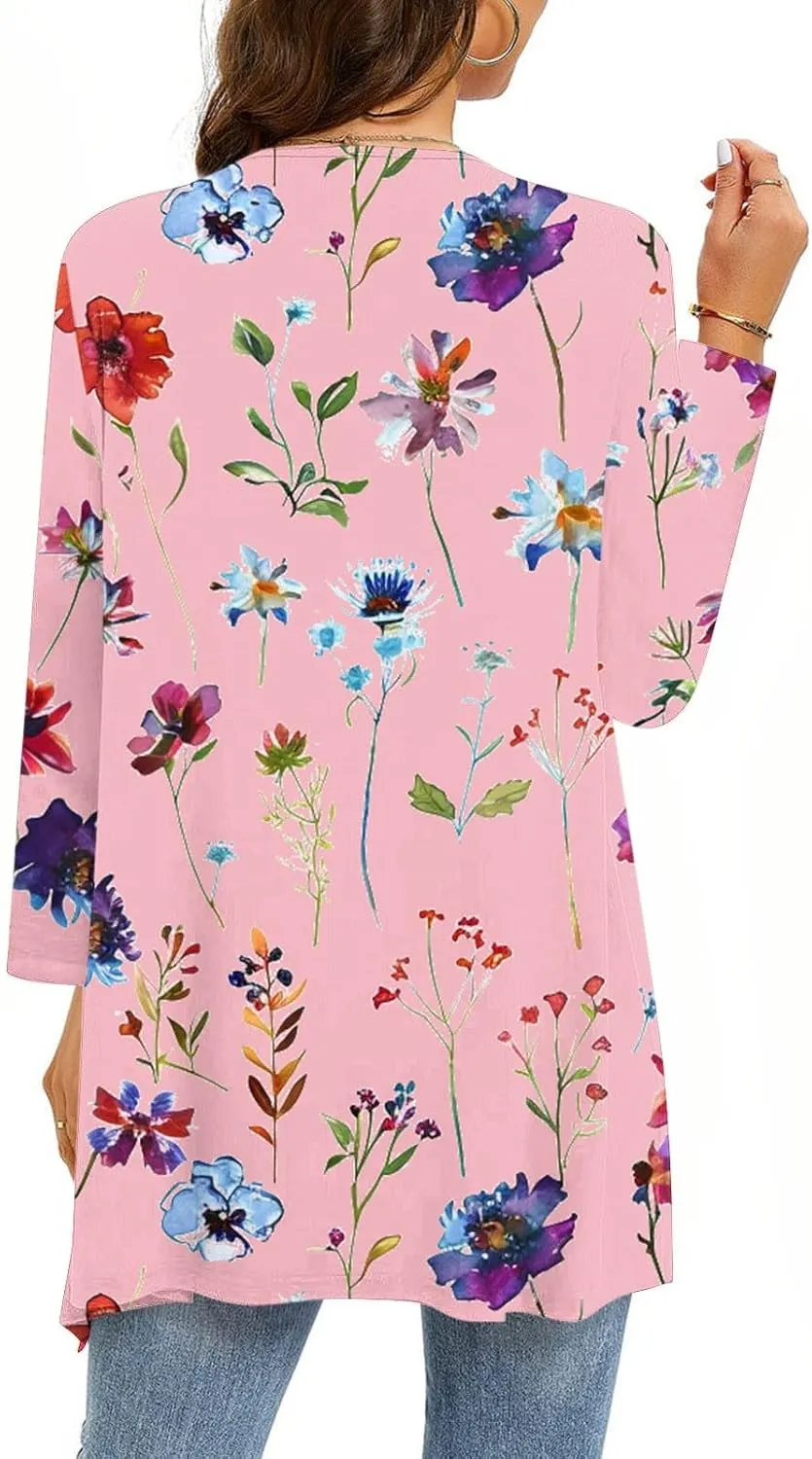 Floral Print Cardigans for Women 3/4 Sleeve Lightweight Cardigan Casual Loose Fit Open Front Drape Drape with Pocket