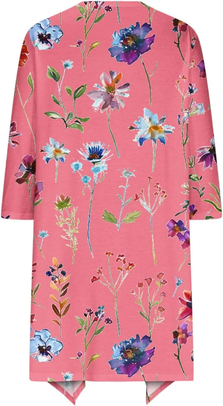 Floral Print Cardigans for Women 3/4 Sleeve Lightweight Cardigan Casual Loose Fit Open Front Drape Drape with Pocket