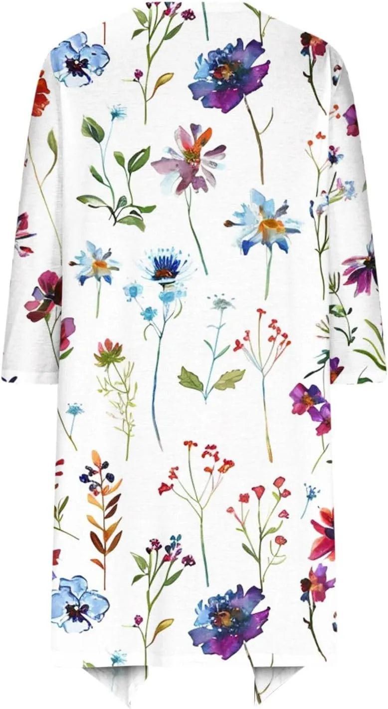 Floral Print Cardigans for Women 3/4 Sleeve Lightweight Cardigan Casual Loose Fit Open Front Drape Drape with Pocket